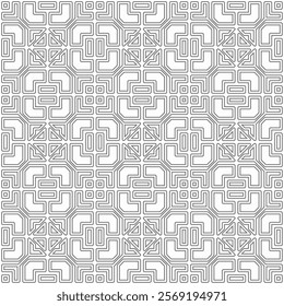 Seamless monochrome geometric pattern with abstract symmetrical shapes of lines in a grid layout.