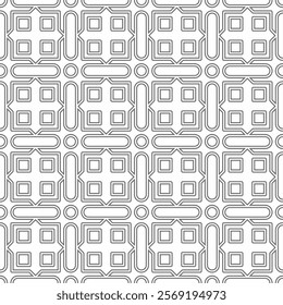 Seamless monochrome geometric pattern with abstract symmetrical shapes of lines in a grid layout.