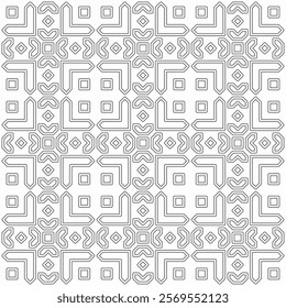 Seamless monochrome geometric pattern with abstract symmetrical shapes of lines in a grid layout.