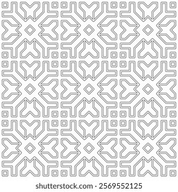 Seamless monochrome geometric pattern with abstract symmetrical shapes of lines in a grid layout.