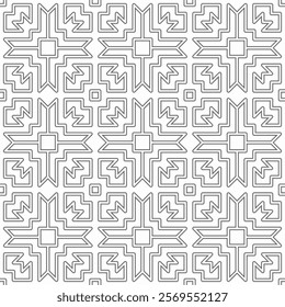 Seamless monochrome geometric pattern with abstract symmetrical shapes of lines in a grid layout.