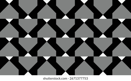 Seamless monochrome geometric pattern with black, grey, and white triangles.