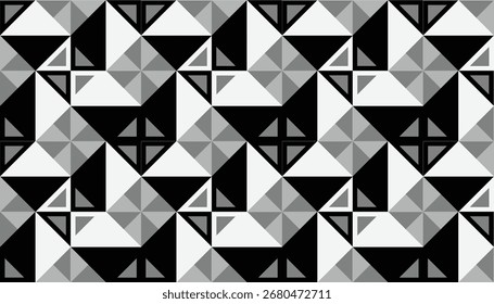 Nahtloses monochromes geometrisches Muster mit schwarzen, weißen und grauen Dreiecken in dynamischen Winkelformationen, perfekt für moderne Hintergründe, Textilien und Verpackungsdesign.