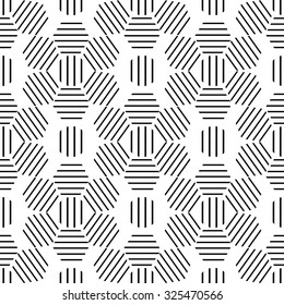 Seamless monochrome geometric pattern of black lines in a hexagon -vector illustration. Ornament flower
