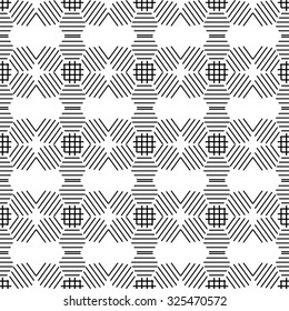 Seamless monochrome geometric pattern of black lines in a hexagon -vector illustration. Ornament flower