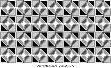 Nahtloses einfarbiges geometrisches Muster mit geschwungenen Diamantformen, mit Schwarz-, Weiß- und Grautönen für moderne Tapeten, Textilien und abstrakten Hintergrund