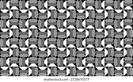 Padrão geométrico monocromático contínuo com elementos em forma de pílula. Vetor preto e branco abstrato fundo com grade técnica