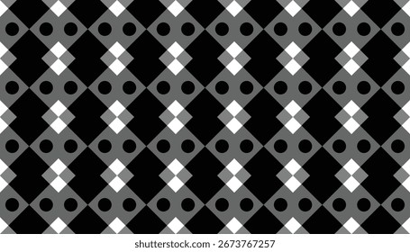 Seamless monochrome geometric pattern with repeating diamond shapes, circles, and squares