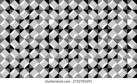 Patrón geométrico monocromo sin fisuras con motivos de diamantes sombreados. Abstractas fondo de Vector blanco y negro con acentos de luz curvada