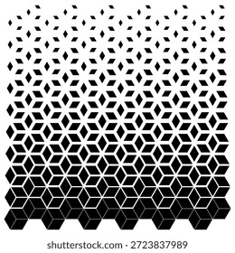 Nahtloses monochromes geometrisches Muster, das von kleinen Diamanten zu 3D-Würfeln auf Weiß übergeht.