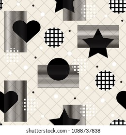 seamless monochrome geometric with star and heart pattern background