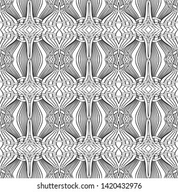 Seamless monochrome geometrical pattern. An abstract background with thin lines, an arch, angular forms  for cover, texture, packing. Vector graphics.