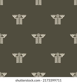 Seamless monochrome geometrical pattern with funny human figures. Ethnic design from Marquesas Islands. On gray background.