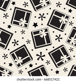 seamless monochrome gift box with polka dot and star pattern background