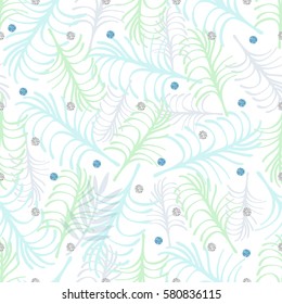 seamless monochrome green hand drawn palm leaf with silver and blue glitter pattern background