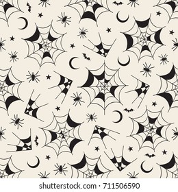 seamless monochrome halloween pattern background with cobweb,spider,bat and moon