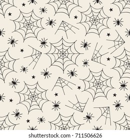 seamless monochrome halloween pattern background with cobweb and spider