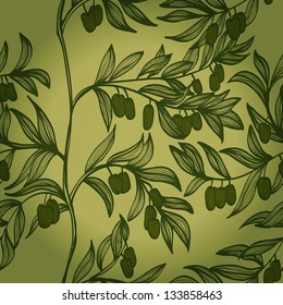 Seamless monochrome hand drawn background with branches and green olives. Eps10