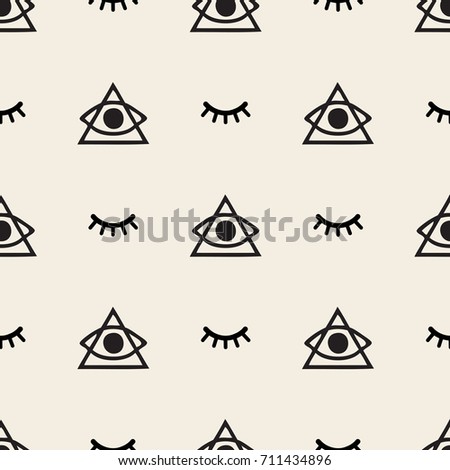 seamless monochrome hand drawn eye with triangle pattern background