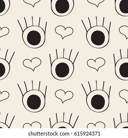 seamless monochrome hand drawn fashion pattern background with eye , eyelash and heart