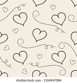 seamless monochrome hand drawn heart and line pattern background