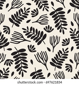 seamless monochrome hand drawn leaf pattern background