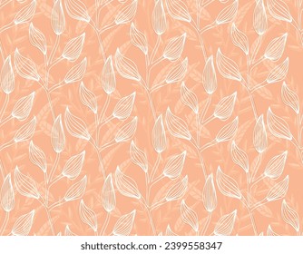 Seamless monochrome hand drawn leaves pattern. Peach fuzz background. Color of the year 2024