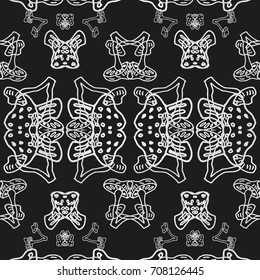 Seamless monochrome hand drawn mushroom geometric vector pattern