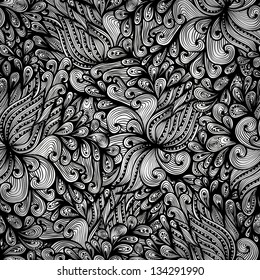 Seamless monochrome hand drawn pattern with fantasy flowers. Eps10