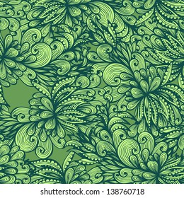 Seamless monochrome hand drawn pattern with green leaves