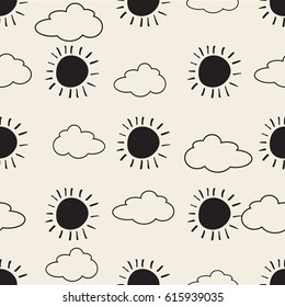 seamless monochrome hand drawn sun and cloud pattern background