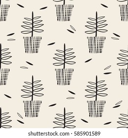 seamless monochrome hand drawn tree in a pot pattern background