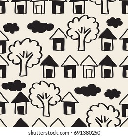 seamless monochrome hand drawn village with house ,sky and tree pattern background