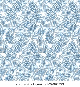 Seamless Monochrome indigo blue tropical plants leaf pattern background used for textiles, wallpapers, tiles..,