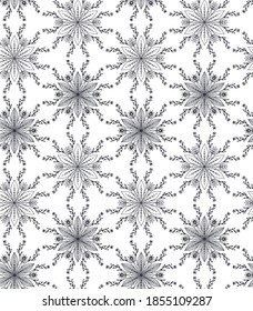 Seamless monochrome kaleidoscopic floral pattern, black and white repeated flower elements, graphic design for wallpapers, fabrics and etc. Vector illustration