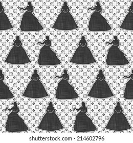Seamless monochrome lace pattern. Black silhouette of a bride on openwork grid. Vector illustration.