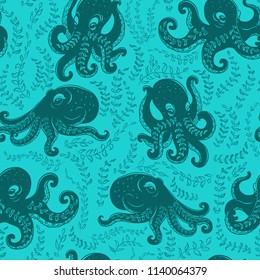 Seamless monochrome maritime pattern with octopuses.