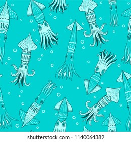 Seamless monochrome maritime pattern with the squids.