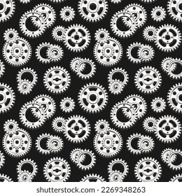 Seamless monochrome mechanical pattern with machine gears on a black background. Steampunk style.