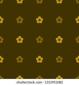 Seamless monochrome minimalist geometric pattern. Small yellow and beige flowers on dark dusty brown background. Neutral, earthy, pale colors. Repeat botanical pattern. Vector illustration.