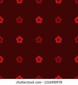 Seamless monochrome minimalist geometric pattern. Small red, scarlet and maroon flowers on dark brown background. Repeat monotone botanical pattern. Vector illustration.