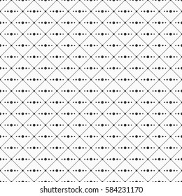 Seamless monochrome minimalistic pattern. Repeating geometric rhombuses with line from circles inside. Dots in nodes. Dots on the corners of rhombuses. Modern stylish texture. Vector background.