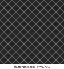 Seamless monochrome minimalistic pattern. Repeating geometric rhombuses with line from circles inside. Dots in nodes. Dots on the corners of rhombuses. Modern stylish texture. Vector background.