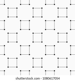 Seamless monochrome minimalistic square pattern. Repeating geometric squares made of lines and dots at the corners. Checkered background. Vector geometric background.