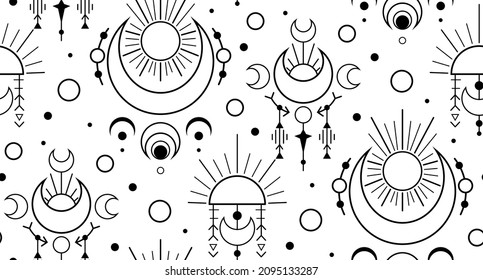 Seamless monochrome moon esoteric pattern. Black contour space sacred ornaments. Vector magic texture with stars, crescent and sun on white background. Witchcraft decoration.