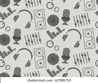 Seamless monochrome music pattern with isolated icons. headphones, microphone,vinyl record,Switches, volume. DJ club Attributes