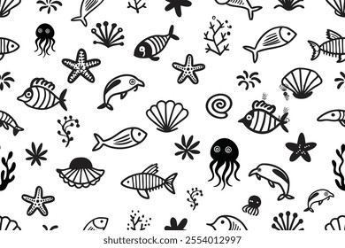 Seamless Monochrome Ocean Life Pattern with Marine Creatures