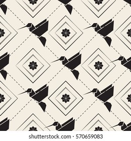 seamless monochrome origami bird and flower pattern background