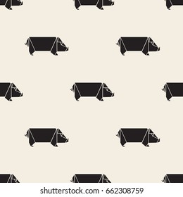 seamless monochrome origami pig pattern background