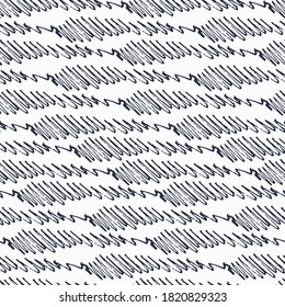 Seamless monochrome oscillogram-like pattern with curved lines on white background. Endless repeating hand drawn pattern made by felt tip pen for surface design and other design projects
